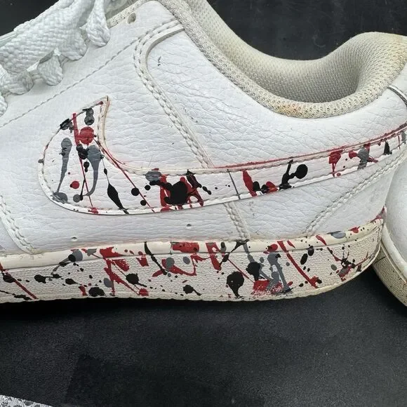 Nike Court Vision Mens Size 7 Low Triple White Custom Painted Splatter GUC - Picture 7 of 8